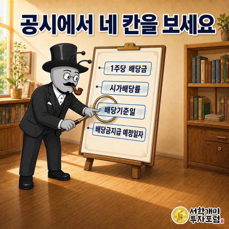 부자개미가 현금·현물배당 결정 공시에서 배당기준일 칸과 배당금지급 예정일자 칸을 돋보기로 짚는 장면