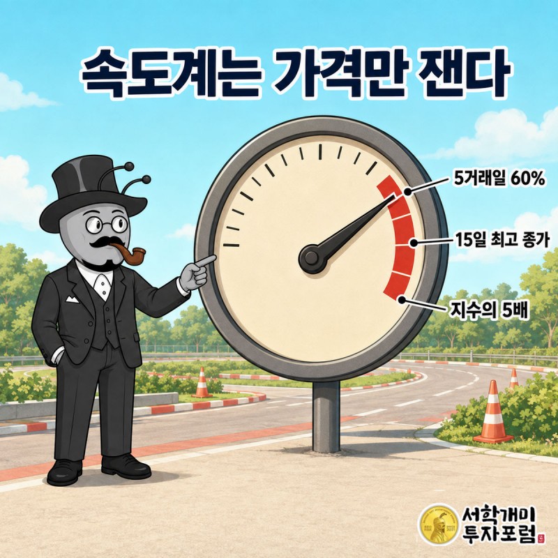 도로 옆 속도계 표지판에 5거래일 60%, 15일 최고 종가, 지수의 5배라는 세 눈금이 적혀 있고 바늘이 빨간 구간에 들어간 장면