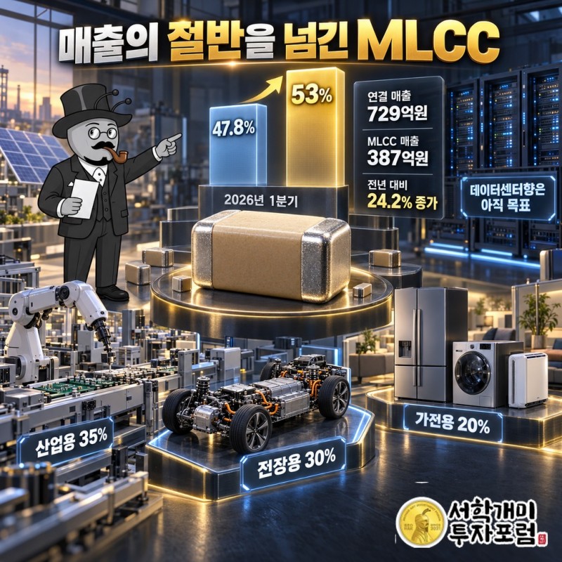MLCC 매출 비중이 47.8%에서 53%로 늘어난 변화와 산업용·전장용·가전용·데이터센터향 쓰임새 구성