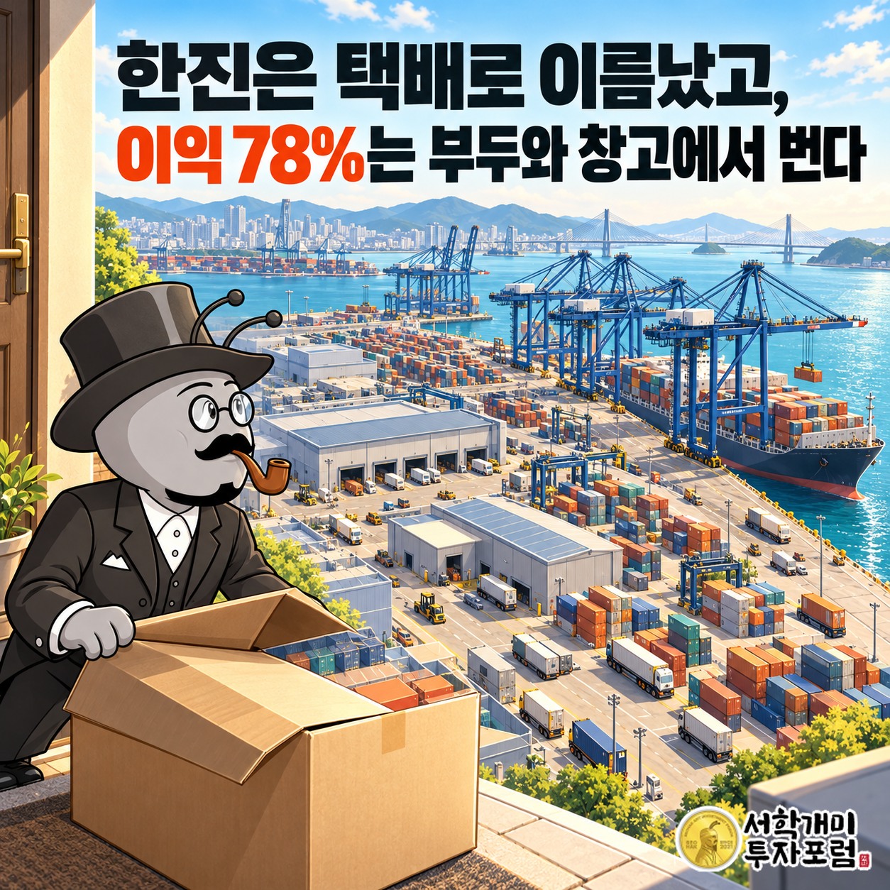 부산 신항 컨테이너 부두와 한진 택배 상자를 함께 담은 한진 커버, 이익 78%는 부두와 창고에서 나온다는 제목