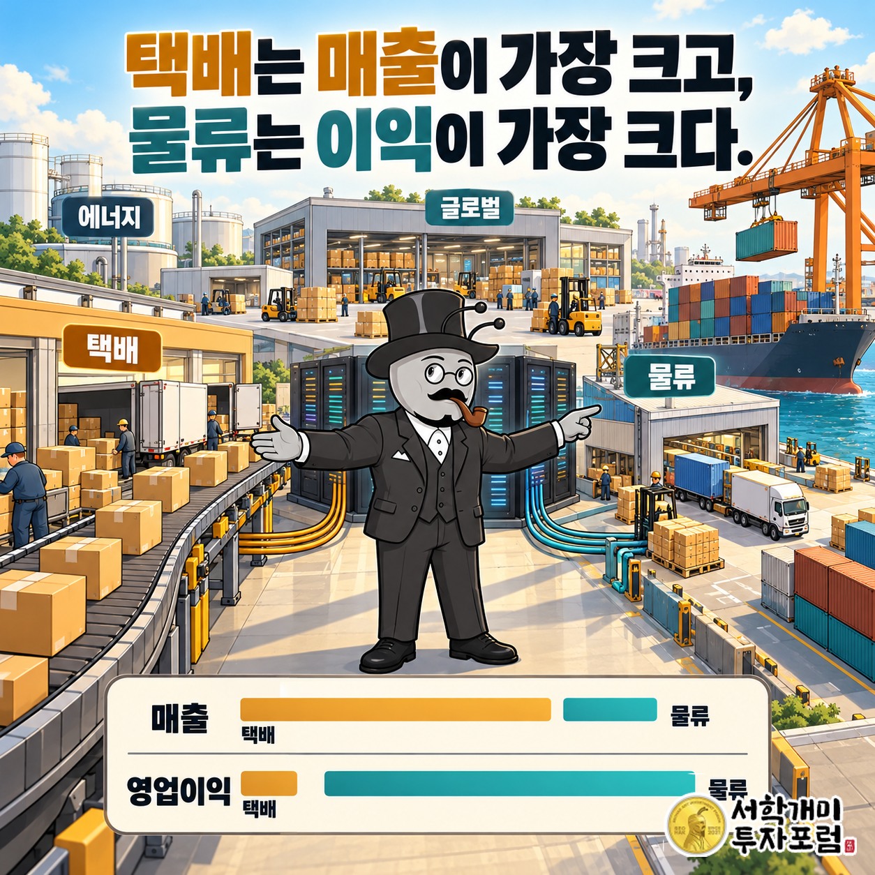 한진 택배·물류·글로벌·에너지 네 부문의 매출과 영업이익 비중을 나란히 놓아 택배는 매출 1위, 물류는 이익 1위임을 보여 주는 구조도