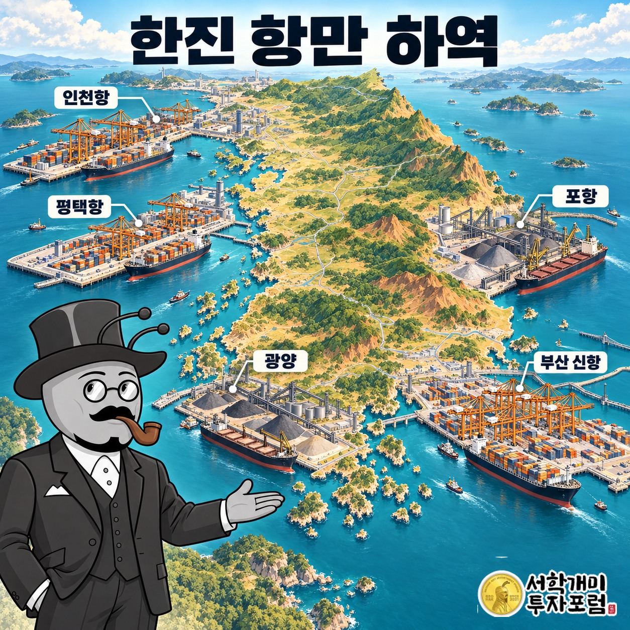 부산 신항, 인천항, 평택항, 광양·포항 산업항으로 이어지는 한진 항만 터미널 지도
