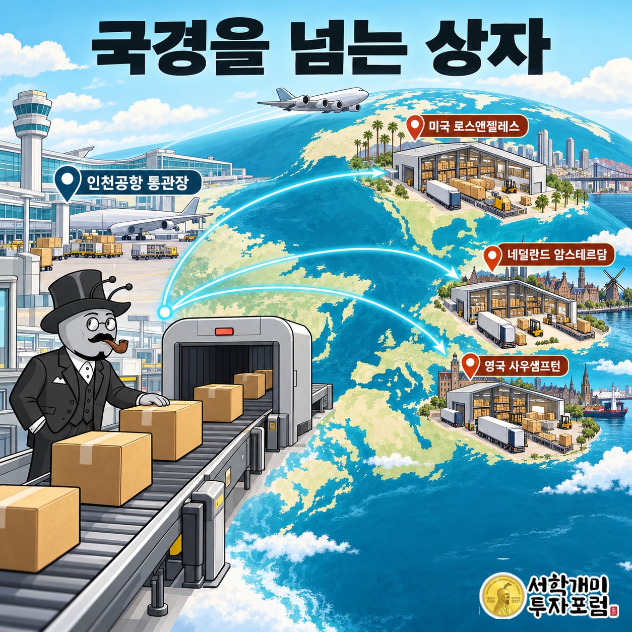 인천공항 통관장에서 미국 LA, 네덜란드 암스테르담, 영국 사우샘프턴 풀필먼트 센터로 이어지는 한진 글로벌 물류 경로