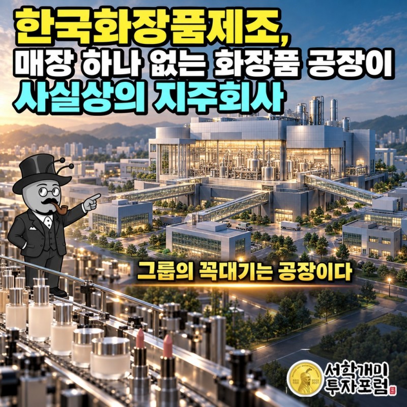한국화장품제조 공장 건물 위로 그룹 계열사들이 이어진 모습과 