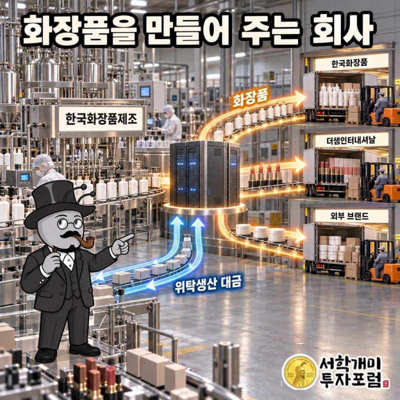 한국화장품제조가 만든 화장품이 한국화장품·더샘인터내셔날·외부 브랜드로 나가고 위탁생산 대금이 공장으로 들어오는 돈의 흐름도