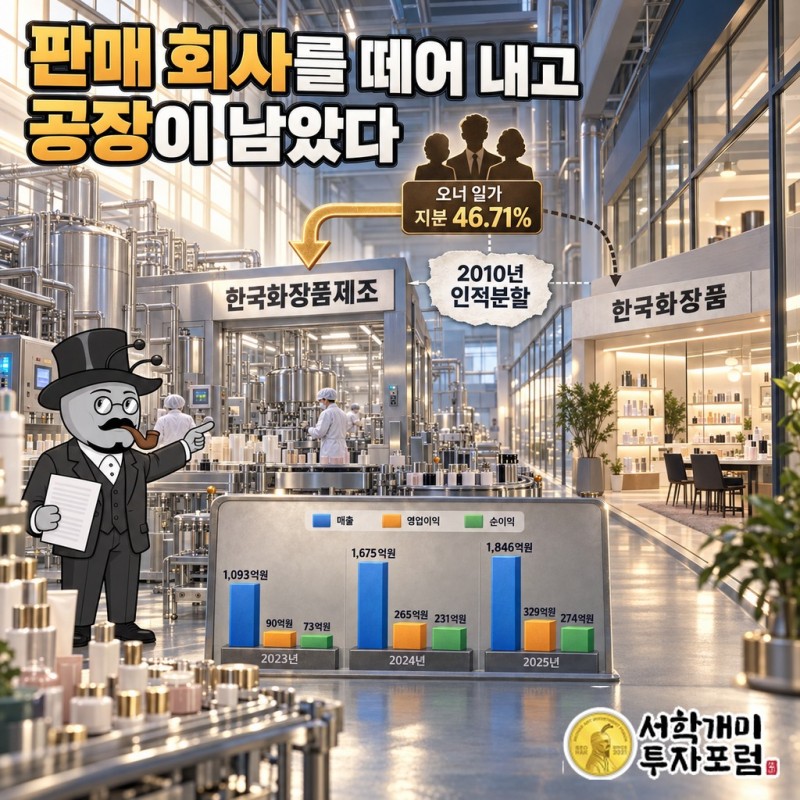 2010년 인적분할로 판매 회사가 떨어져 나가고 오너 일가 지분 46.71%가 제조법인에 모인 지배구조도