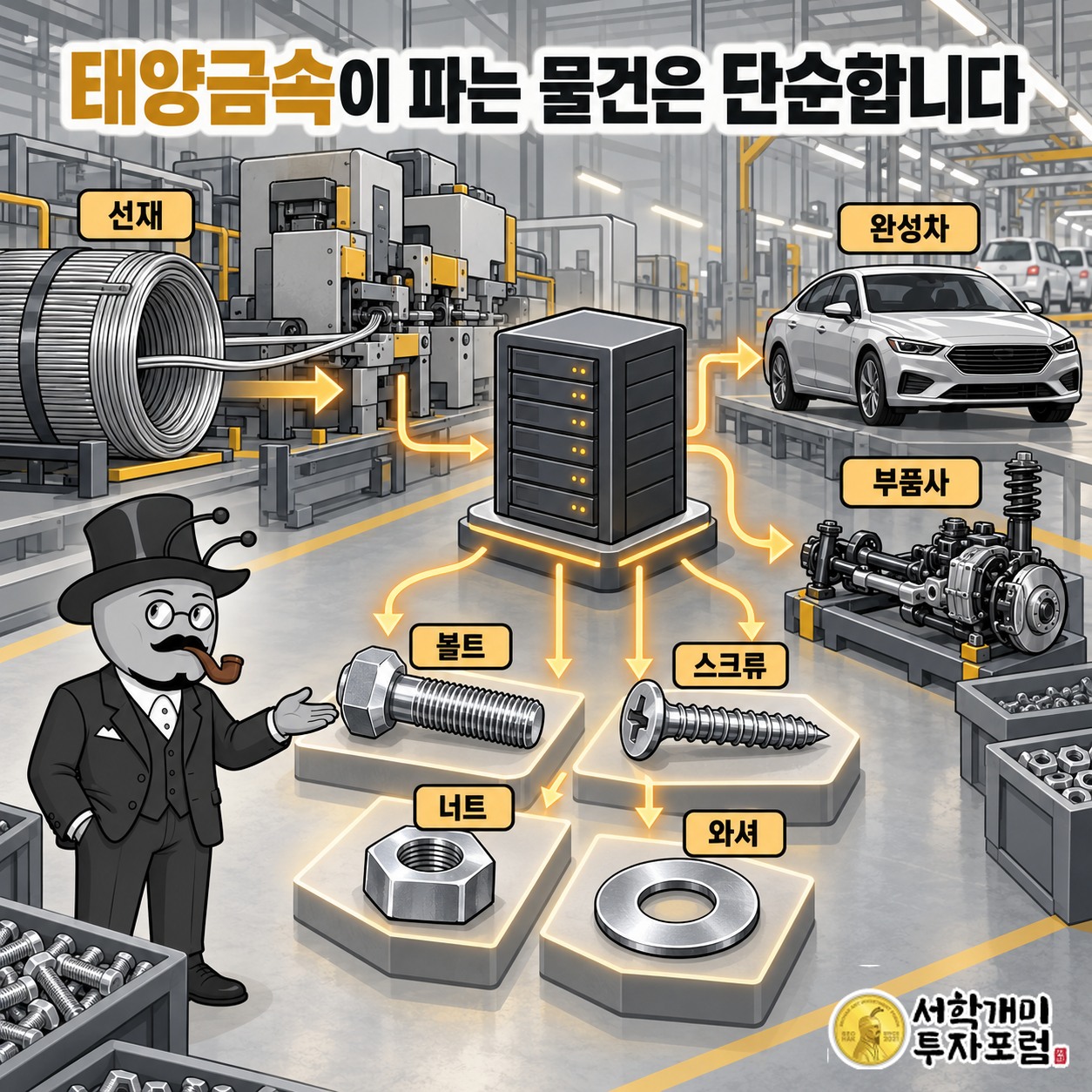 태양금속이 선재를 볼트로 만들어 완성차와 부품사에 파는 구조