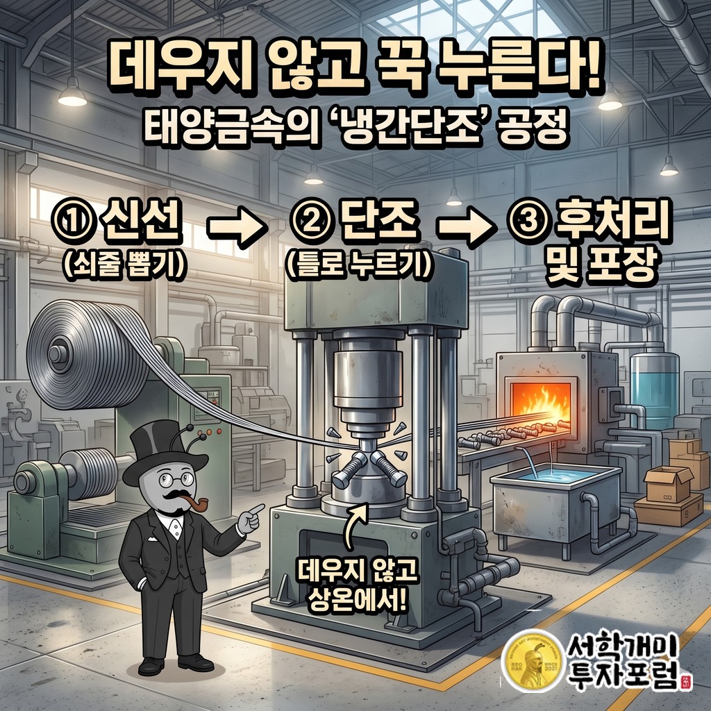 쇠줄을 상온에서 눌러 볼트를 만드는 냉간단조 공정 단계