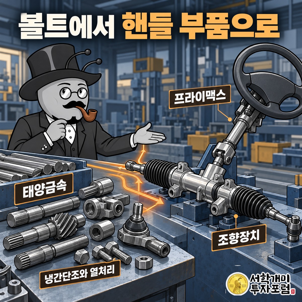 태양금속 부품이 프라이맥스 조향장치로 완성되는 흐름