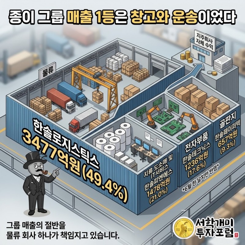 2026년 상반기 사업부문 매출 비중, 물류 49.4%·지류 도소매 21.0%·전자부품 17.6%·골판지 9.3%