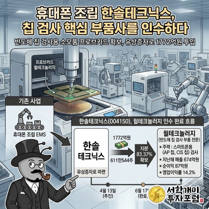 한솔테크닉스가 1772억원에 스마트폰 칩 검사용 프로브카드 회사 윌테크놀러지를 인수한 흐름