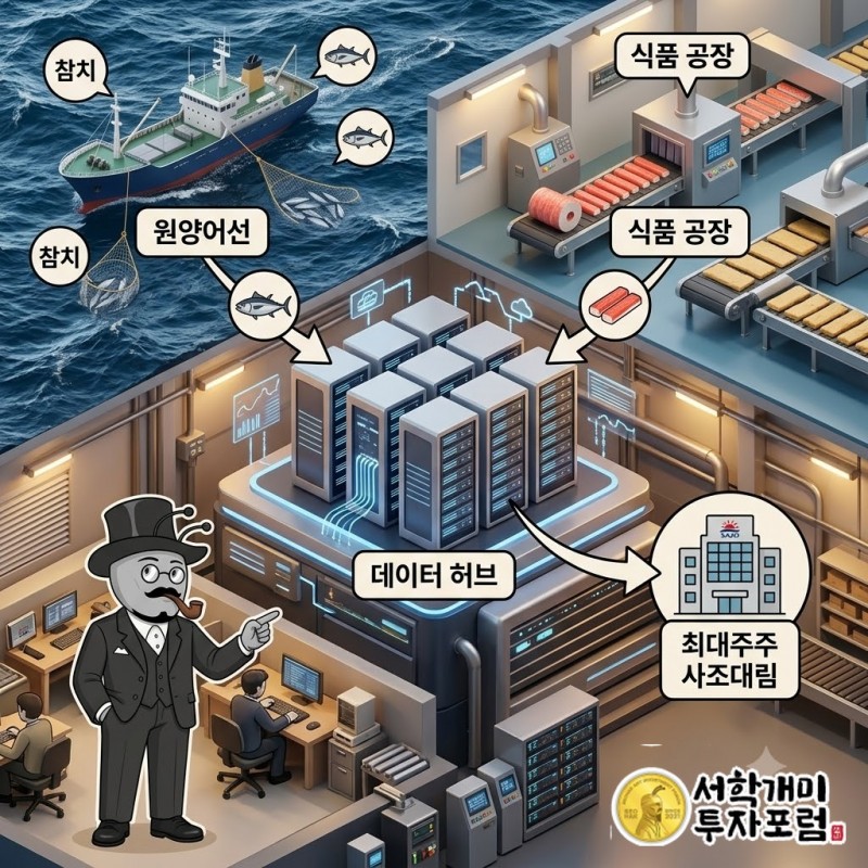 사조오양 사업 구조: 원양어선이 참치를 잡고 공장이 게맛살을 만들어 최대주주 사조대림에 공급하는 흐름