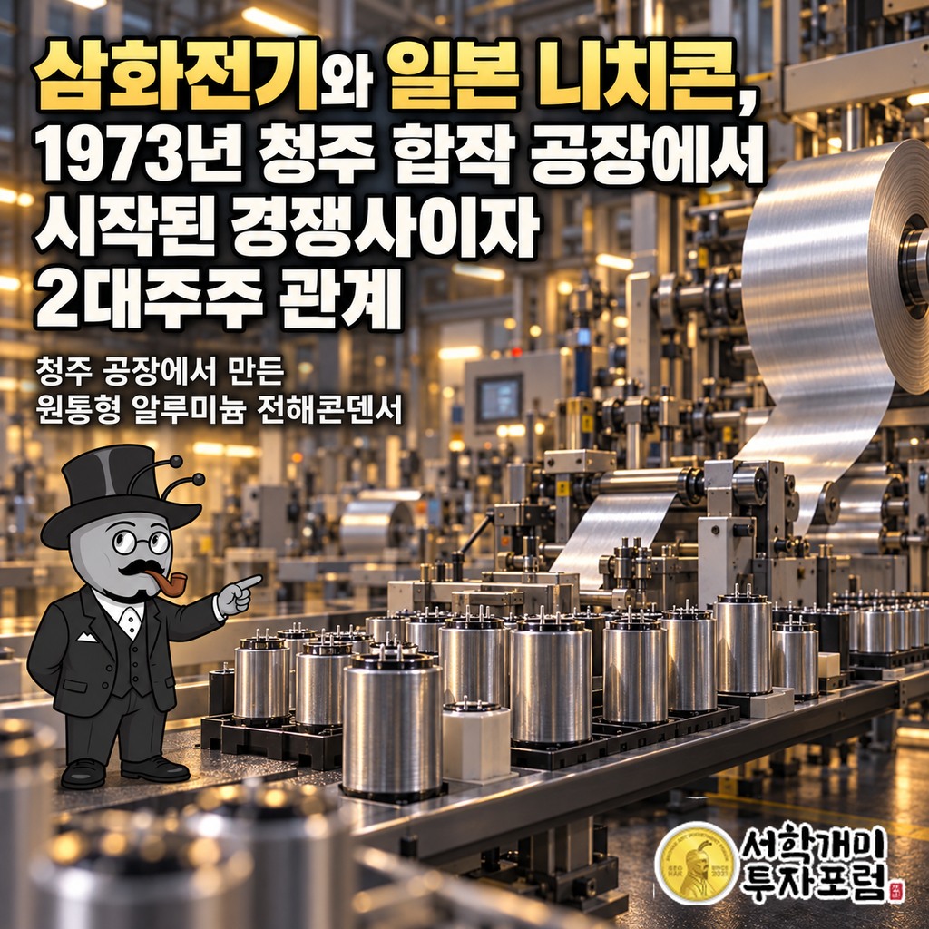 청주 공장에서 만든 원통형 알루미늄 전해콘덴서와 삼화전기 2대주주가 일본 회사라는 커버 문구
