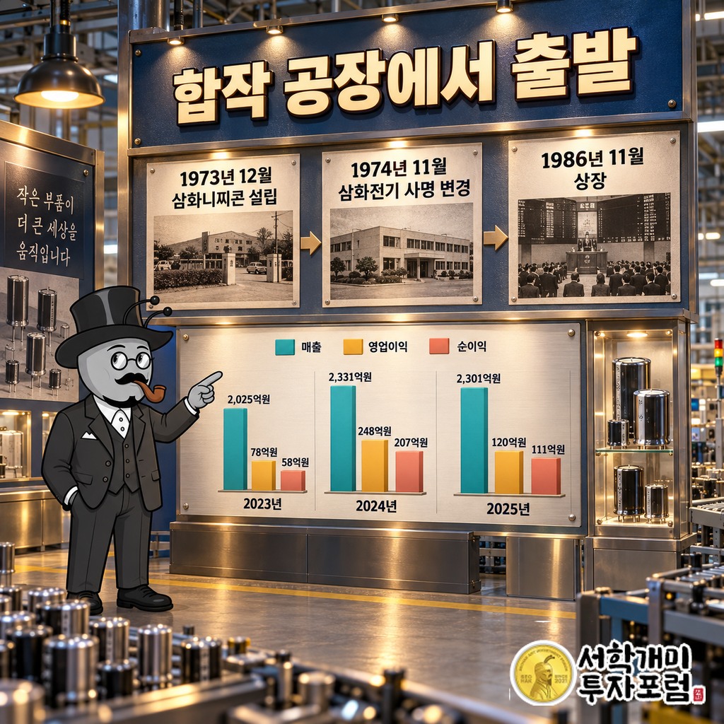 1973년 삼화니찌콘 합작 설립에서 1974년 삼화전기 사명 변경, 1986년 상장까지의 연표