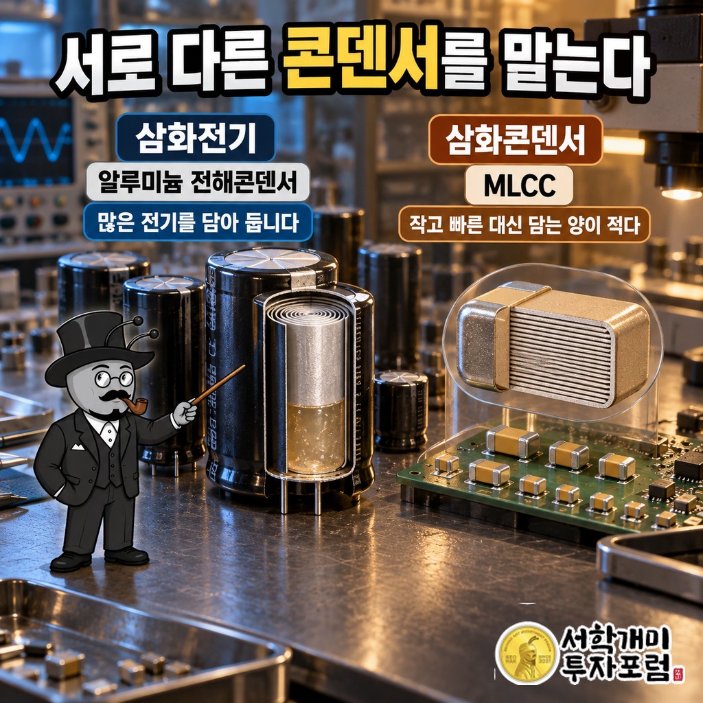 삼화전기의 알루미늄 전해콘덴서와 삼화콘덴서의 MLCC를 나란히 놓은 품목 분담 비교