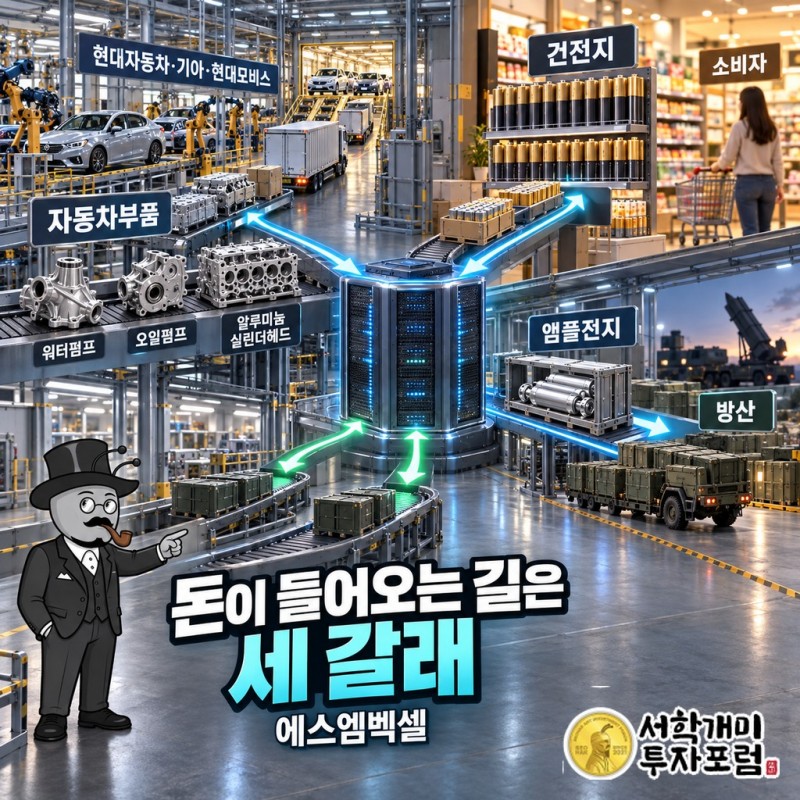 워터펌프·오일펌프는 현대차그룹에, 건전지는 소비자에게, 앰플전지는 방산 쪽에 파는 에스엠벡셀의 돈의 흐름