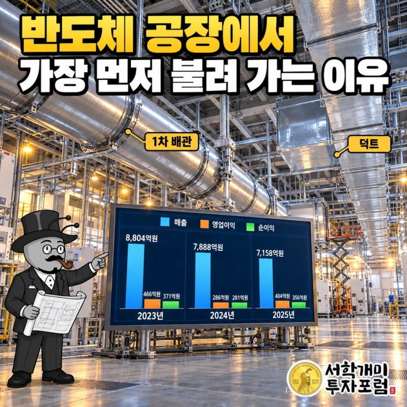 반도체 클린룸 공사 첫 단계에 들어가는 1차 배관과 덕트 시공 장면