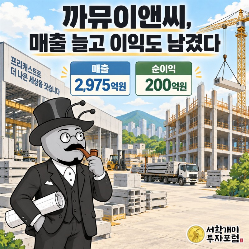 까뮤이앤씨의 건설 현장과 콘크리트 부재를 배경으로 매출 증가와 이익의 흑자 전환을 함께 보여 주는 커버 일러스트