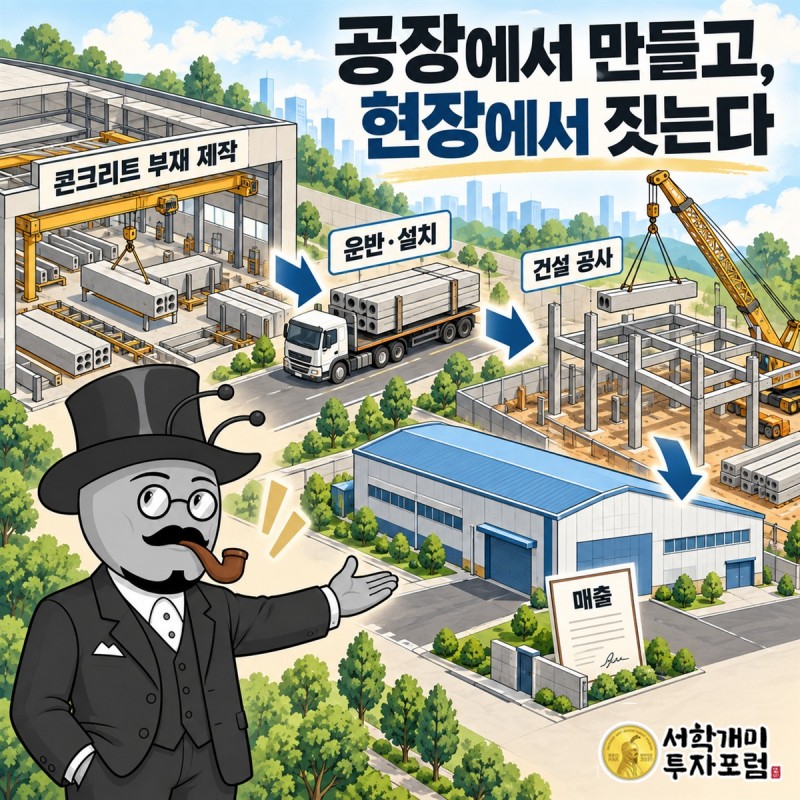 공사 수행과 콘크리트 부재 공급에서 매출이 생기고 비용을 거쳐 이익이 남는 건설업의 돈 흐름을 설명하는 장면