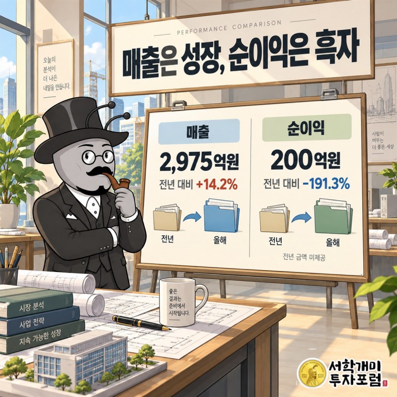 까뮤이앤씨의 매출 증가와 영업이익 및 순이익의 흑자 전환을 각각 구분해 보여 주는 실적 비교