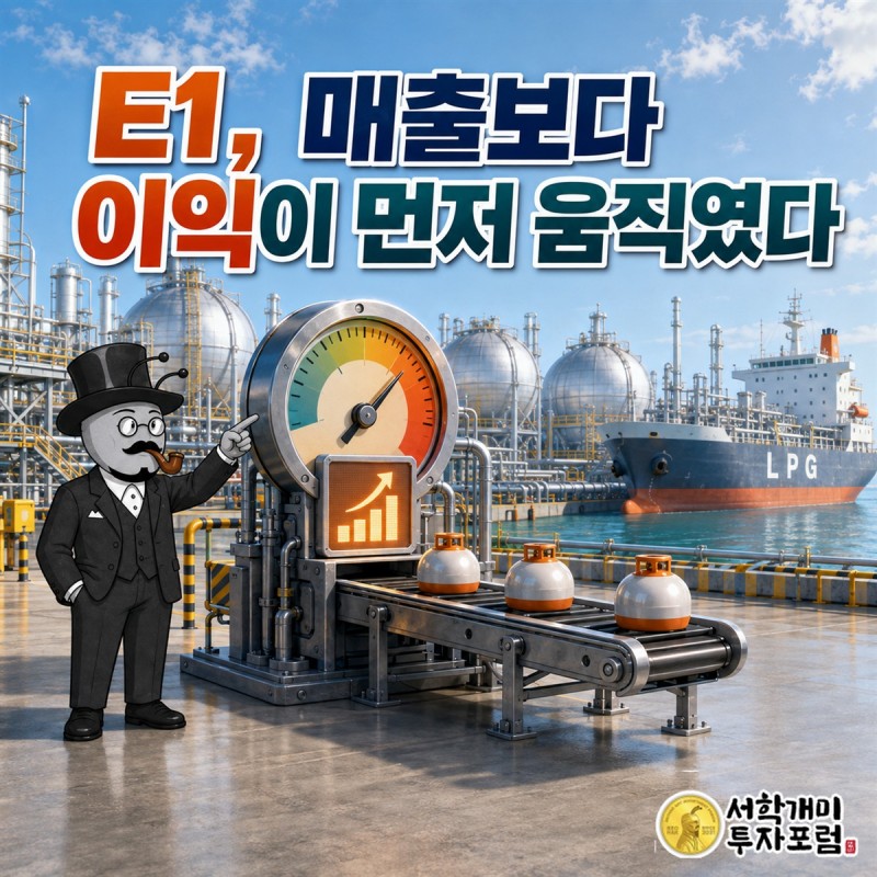 E1의 LPG 저장기지와 운송 차량을 배경으로 매출보다 이익이 먼저 움직였다는 제목을 보여 주는 커버 장면