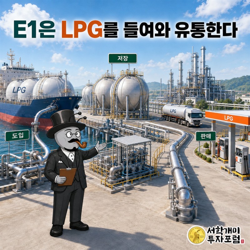 해외에서 들여온 LPG가 저장과 운송을 거쳐 여러 수요처에 공급되고 판매대금으로 돌아오는 E1의 사업 구조