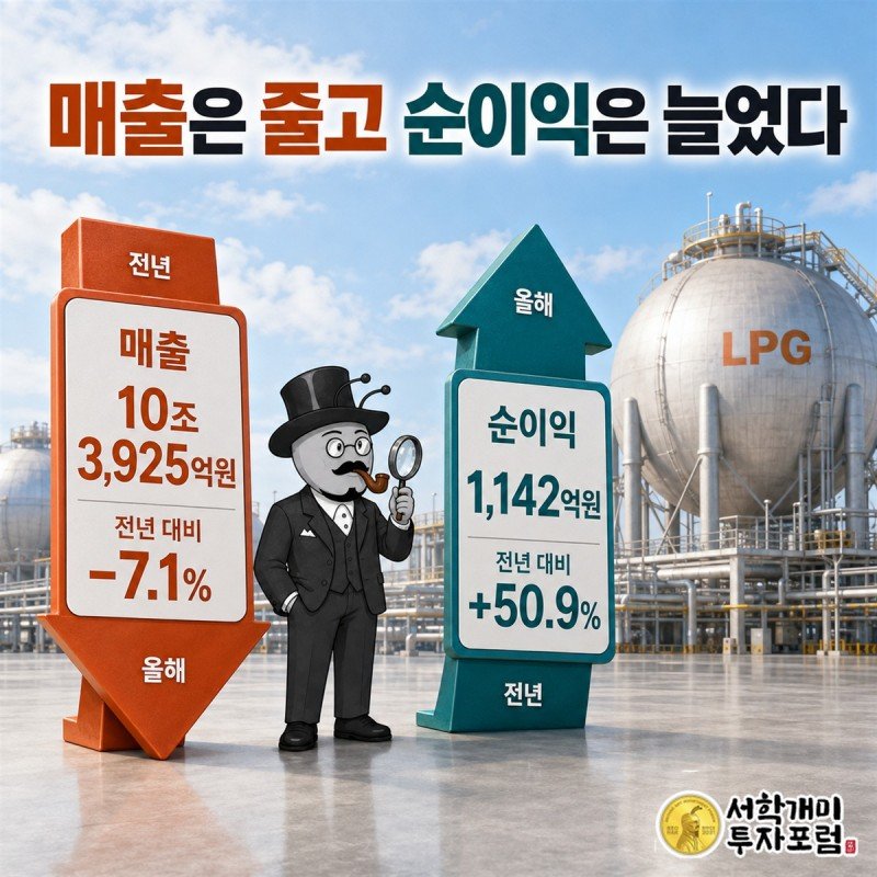 E1의 전년과 최근 실적을 견주며 매출은 줄고 영업이익과 순이익은 늘어난 흐름을 보여 주는 비교 장면