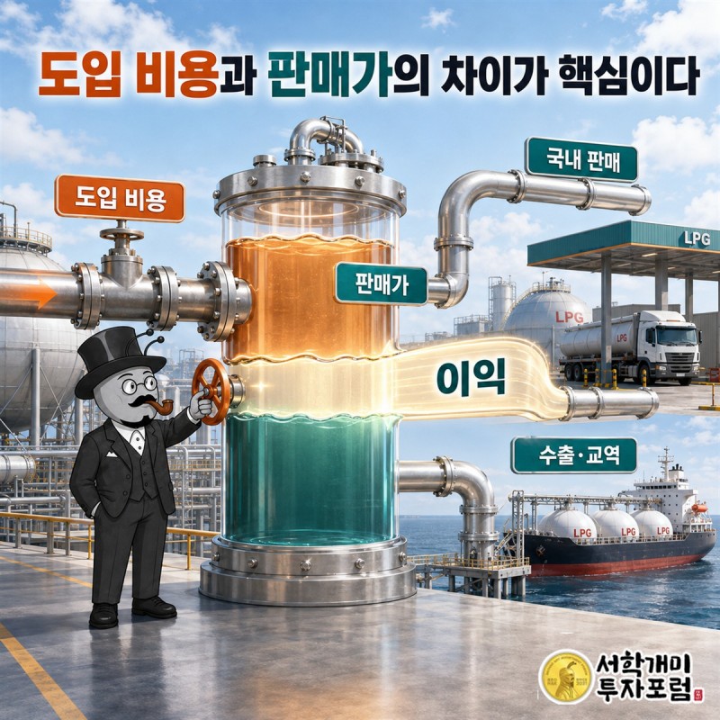 LPG 매입비와 저장·운송비를 거쳐 판매대금이 들어오고 남는 몫이 커지는 E1의 핵심 수익 구조