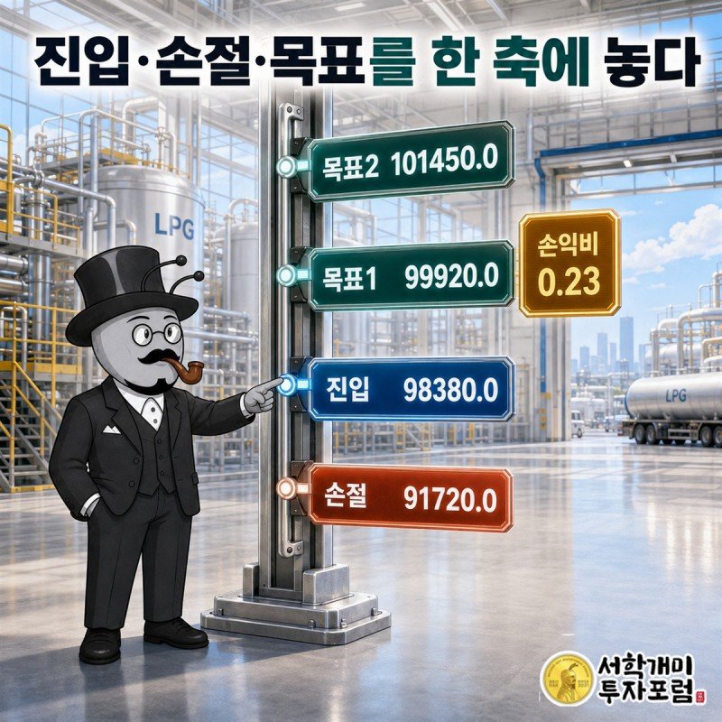 E1의 진입가 98,380원, 손절가 91,720원, 목표1 99,920원, 목표2 101,450원을 한 가격 축에 표시한 장면