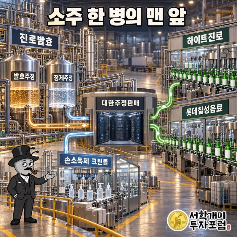 진로발효가 만든 주정이 대한주정판매를 거쳐 하이트진로·롯데칠성음료 등 소주회사로 가는 흐름과 손소독제 크린콜 사업