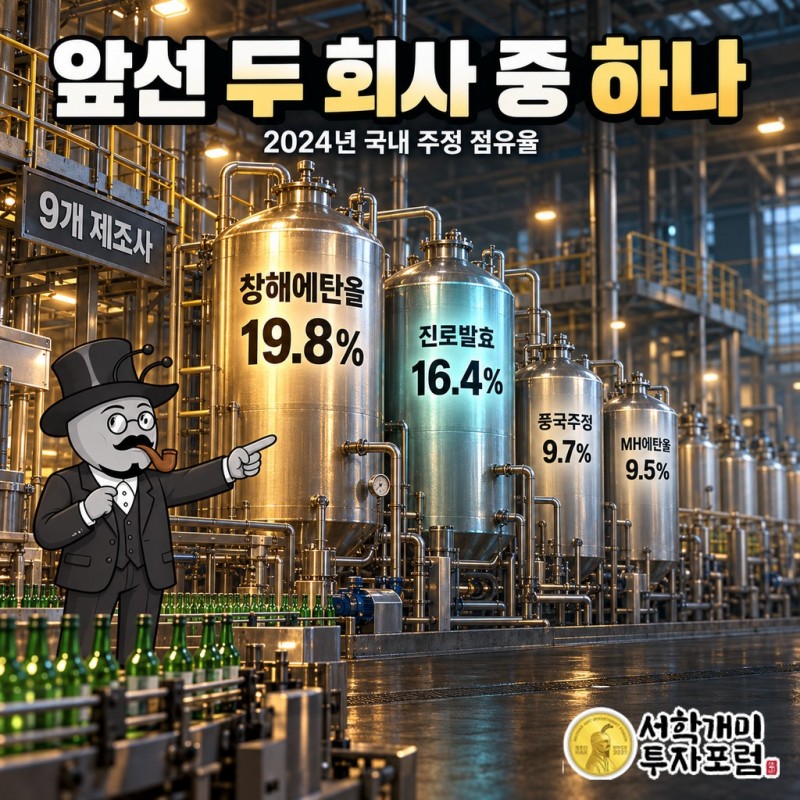 국내 주정 제조 9개사 점유율에서 창해에탄올 19.8%와 진로발효 16.4%가 앞서는 구도