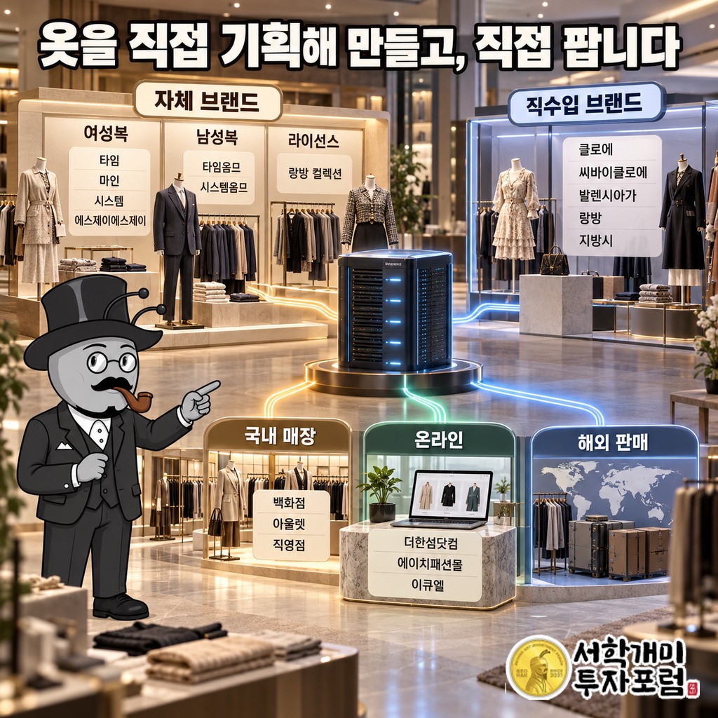 한섬의 자체 브랜드와 직수입 브랜드, 국내 매장과 온라인·해외 판매 경로를 나눈 구조도