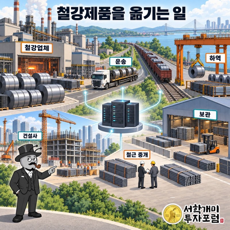 철강업체가 운송을 맡기고 건설사가 철근을 구매하는 유성티엔에스의 고객 구조와 운송·하역·보관·철근 중개 업무