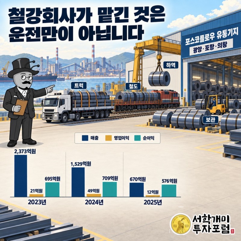 트럭·철도 운송과 하역·보관이 이어지고 광양·포항·의왕의 포스코플로우 유통기지를 운영하는 유성티엔에스
