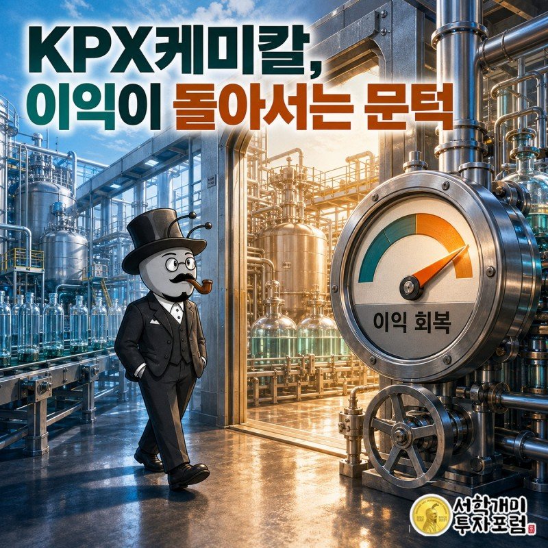 화학 공정과 원료 탱크를 배경으로 KPX케미칼의 이익이 돌아서는 문턱을 보여 주는 커버 장면