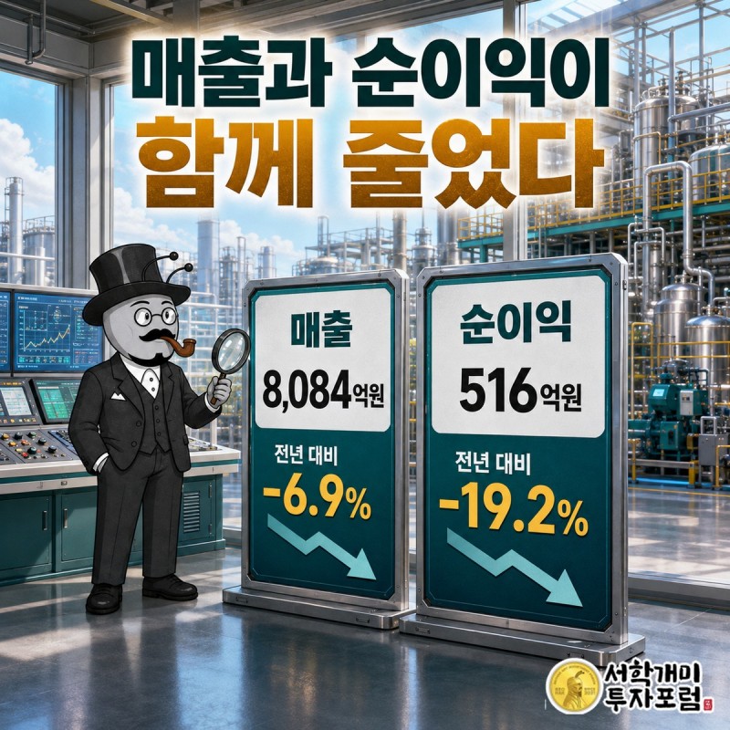 전년과 최근 연도의 매출 영업이익 순이익이 함께 줄어든 흐름을 비교하는 실적 장면