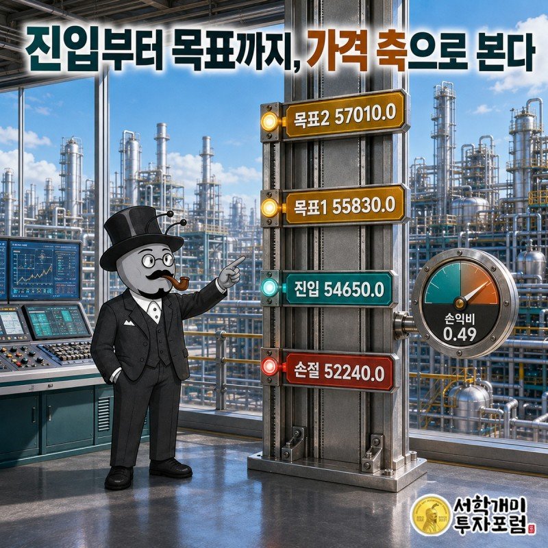 KPX케미칼 진입 54,650원 손절 52,240원 목표1 55,830원 목표2 57,010원을 표시한 가격 축