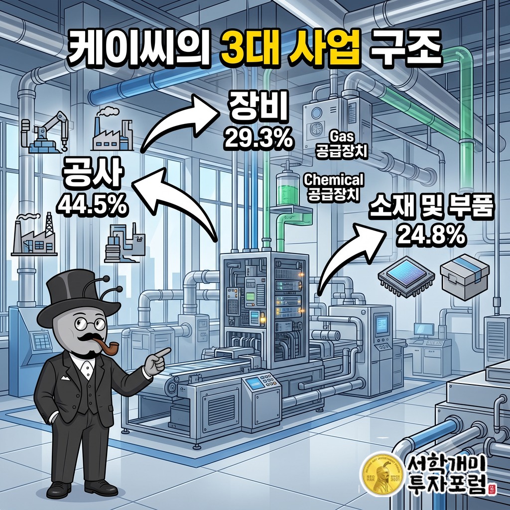 반도체·디스플레이 제조사가 케이씨에 공사·장비·소재 및 부품 대금을 내는 구조를 공사 44.5%, 장비 29.3%, 소재 및 부품 24.8%로 나눈 도식