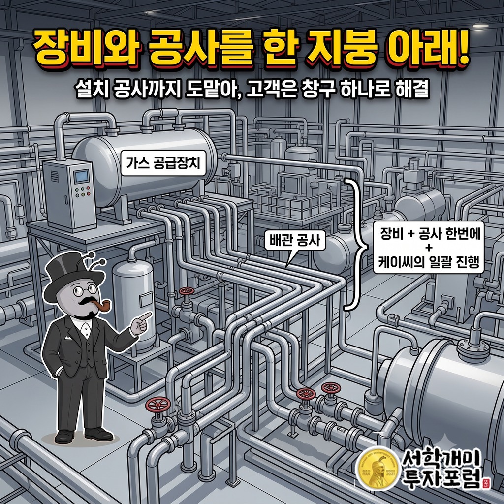 가스 공급장치와 이를 장비까지 잇는 배관 공사가 한 회사 안에서 함께 들어가는 케이씨의 사업 방식을 보여 주는 도식