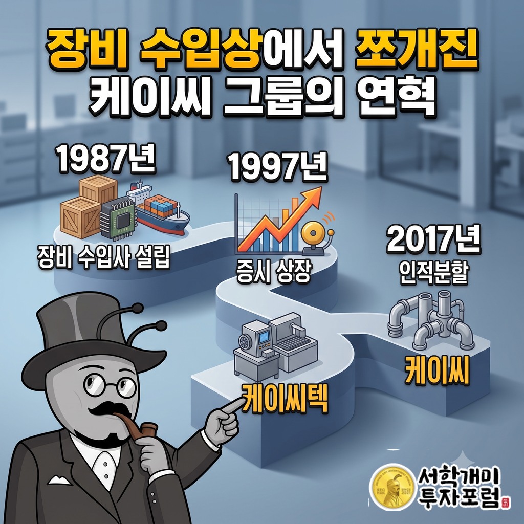 1987년 장비 수입업체 설립, 1997년 상장, 2017년 인적분할로 케이씨텍이 떨어져 나간 케이씨의 연혁 흐름