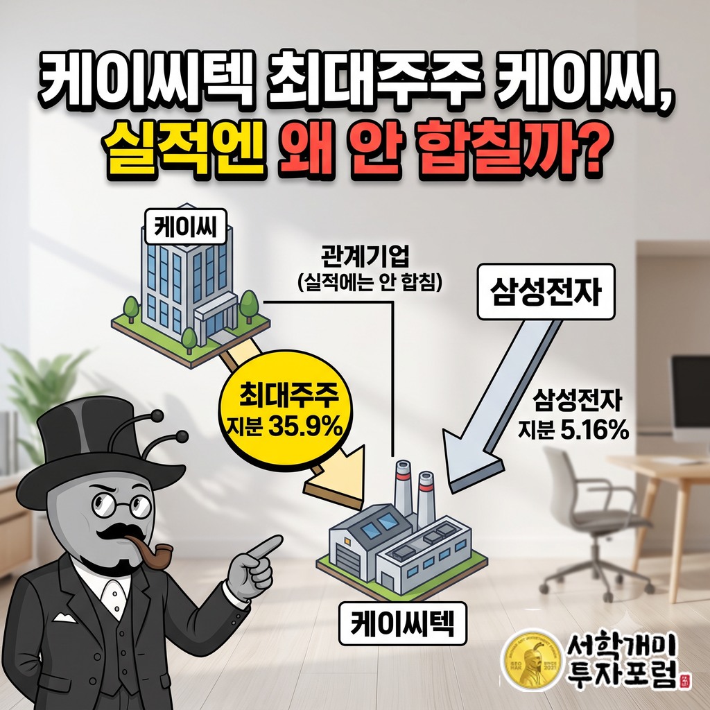 케이씨가 케이씨텍 지분 35.9%를 가진 최대주주이고 삼성전자가 케이씨텍 지분 5.16%를 가진 관계를 나타낸 지분 구조도