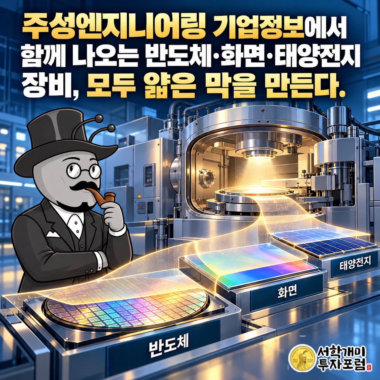 주성엔지니어링의 얇은 막 제조 기술이 반도체·화면·태양전지 장비로 연결되는 모습을 표현한 커버