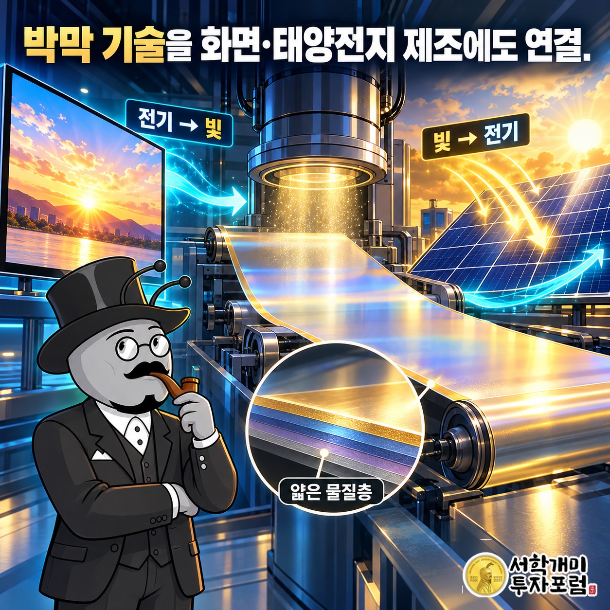 전기를 빛으로 바꾸는 화면과 빛을 전기로 바꾸는 태양전지 제조에 연결되는 박막 기술