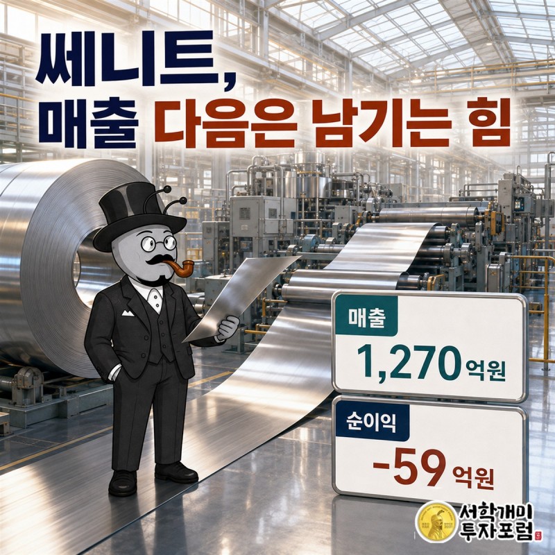 쎄니트의 금속 소재 가공 현장을 배경으로 판매와 이익의 연결을 살펴보는 캐릭터와 한국어 실적 라벨