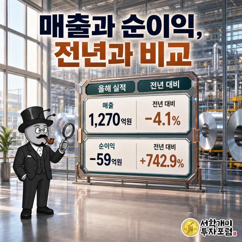 쎄니트의 이전 실적과 이번 실적을 매출, 영업손익, 순손익으로 나누어 비교하는 장면