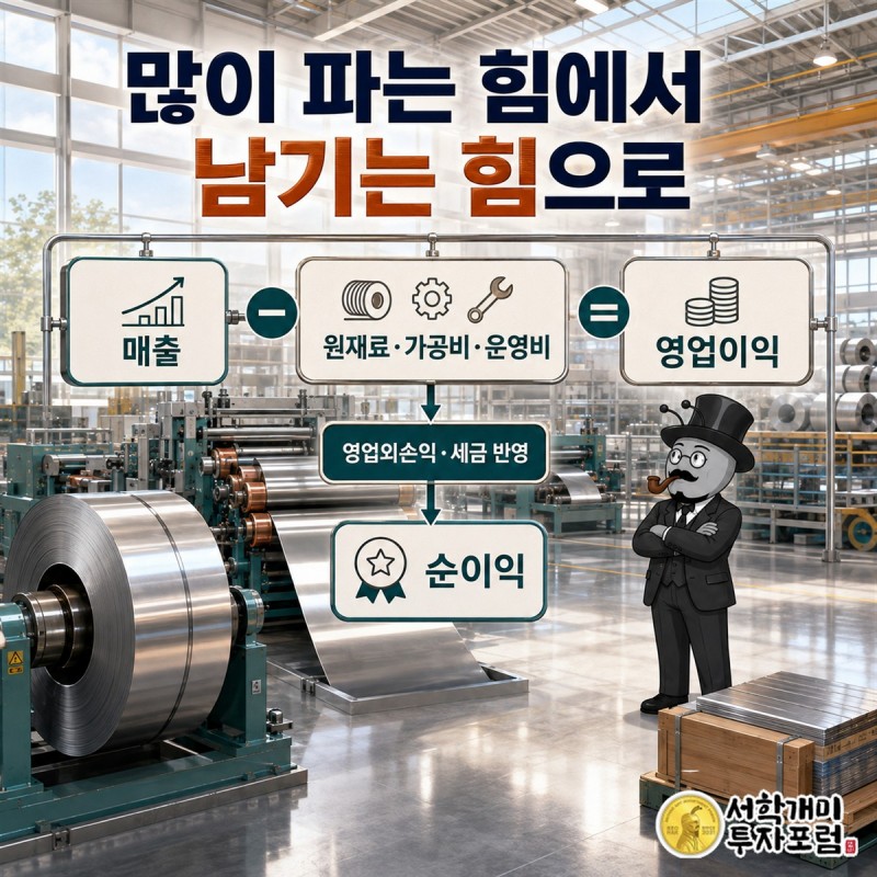 판매 금액에서 장사에 든 비용을 거쳐 이익으로 이어지는 과정을 보여 주는 핵심 구조