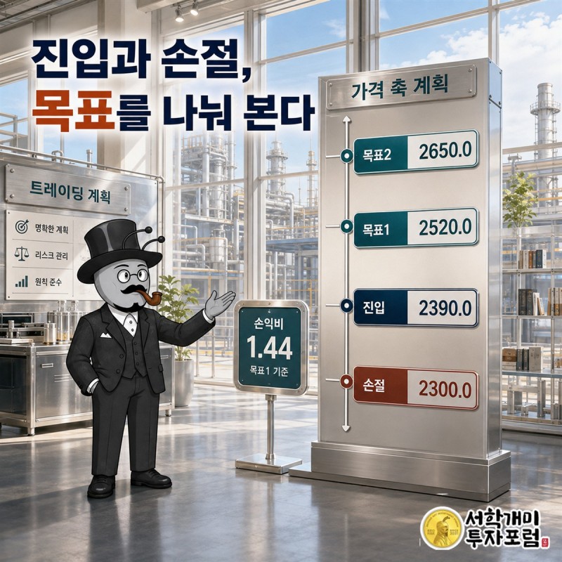 쎄니트의 진입과 손절, 목표1과 목표2를 구분해 표시한 앤트가드 가격 축