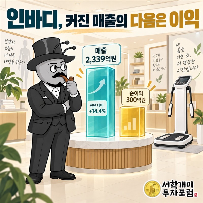 인바디의 체성분 분석 기기와 커진 매출 흐름을 함께 보여 주는 일러스트 장면