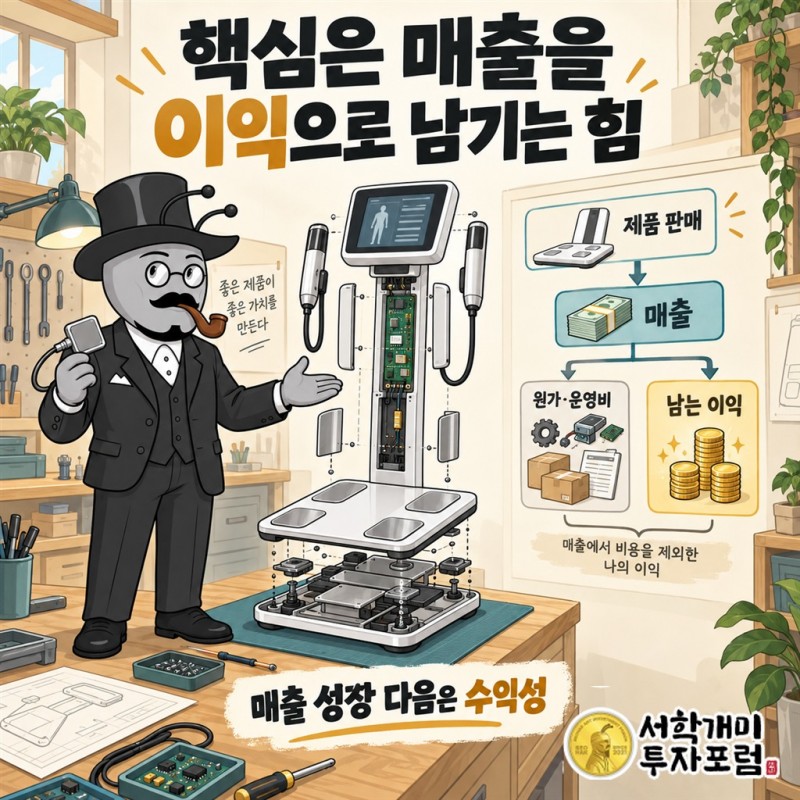 제품 판매에서 매출로, 비용을 거쳐 이익으로 이어지는 흐름을 설명하는 장면