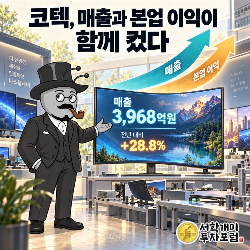 산업용 모니터를 배경으로 코텍의 매출과 본업 이익이 함께 늘어난 모습을 보여 주는 커버
